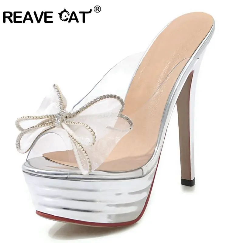 Женские прозрачные шлепанцы REAVE CAT привлекательные с бантом женские мюли на очень