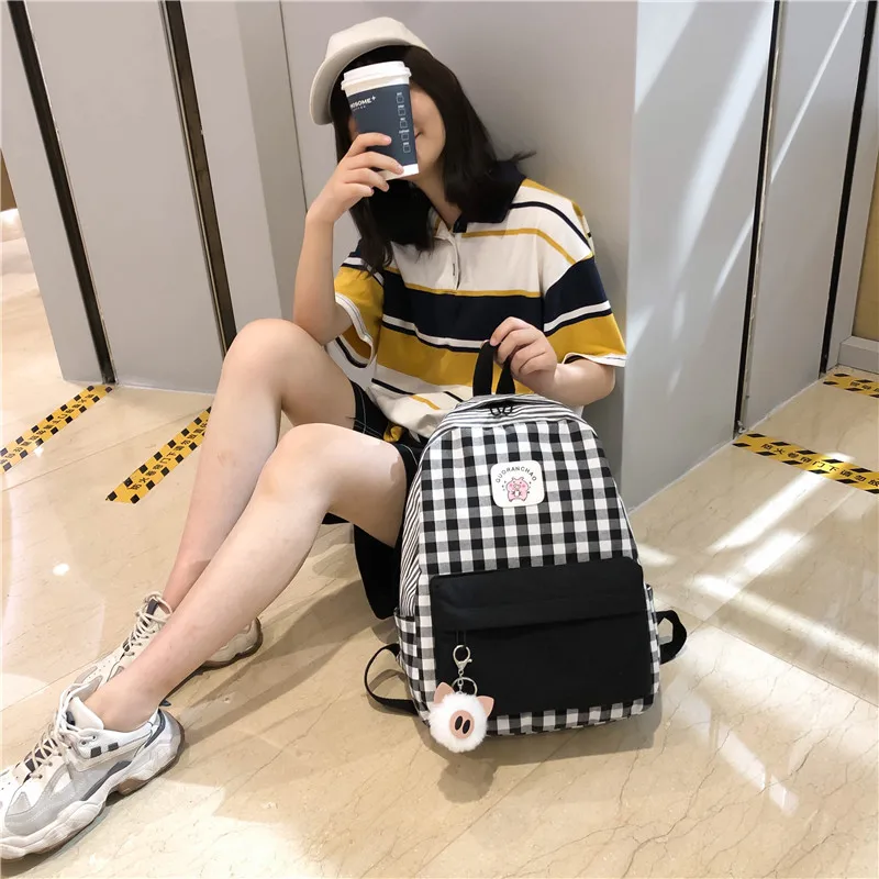 Student Female Pig Plaid Backpack Cute Women Canvas School Bags Girl Kawaii Backpack Fashion Book Ladies Teenage Bag Luxury New