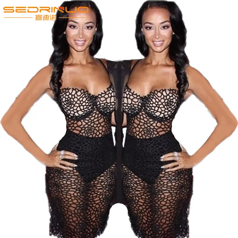 New Fashion Women Sexy Lace Dress Summer Strap Hollow Out Knee Length Novelty Evening Party Club | Женская одежда