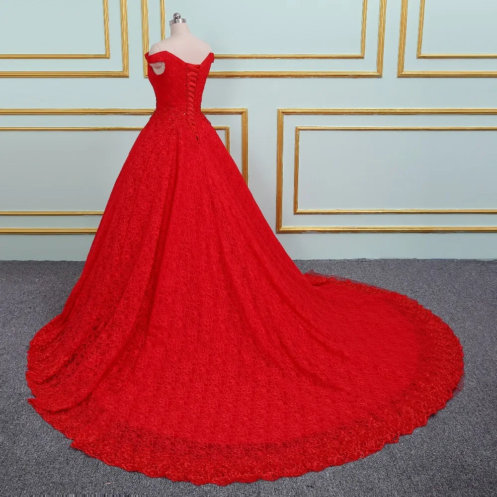 Vestidos De Novias с открытыми плечами красное кружевное платье аппликацией милое