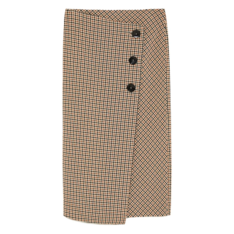 

AEL Retro Elegant Woolen Plaid Skirt High Waist Medium-long Split Button Hight Quality Women Office Lady Asymmetry Skirts Winter