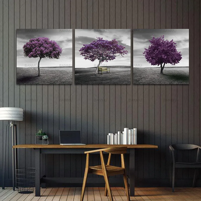 3 Piece Free Shipping canvas Modern Wall Art Home Decoration Purple Tree Large Living Room Oil Painting Pictures on Canvas Print | Дом и сад