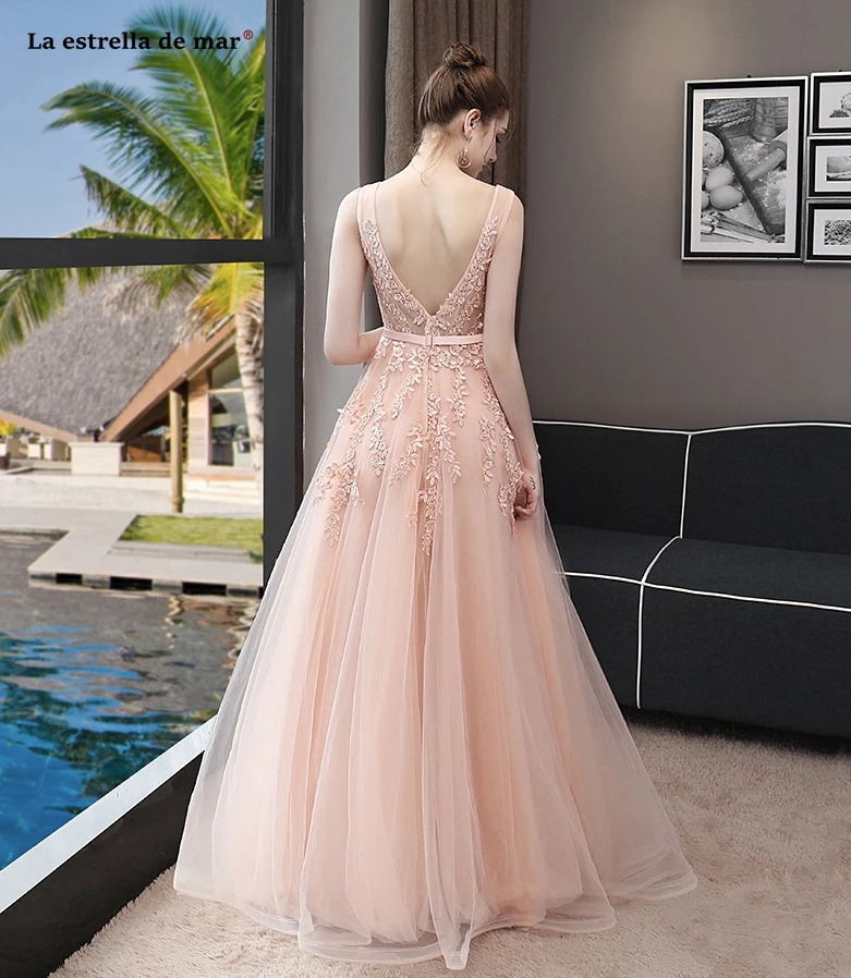 Vestidos fiesta boda, новинка, сексуальное платье с v-образным вырезом, Тюлевое, Персиковое, Мятное, зеленое, Персиковое, розовое, длинное платье подружки невесты