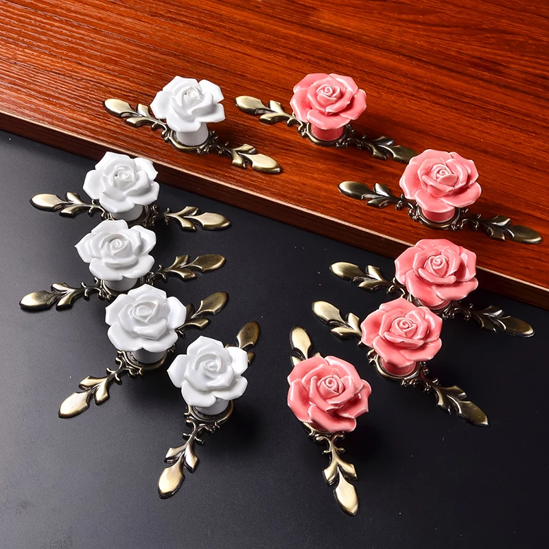 

10Pcs Larger / Small Rose Flower Pink/White Ceramic Alloy Base Door Handles Kitchen Cupboard Closet Drawer Furniture Pull Knobs