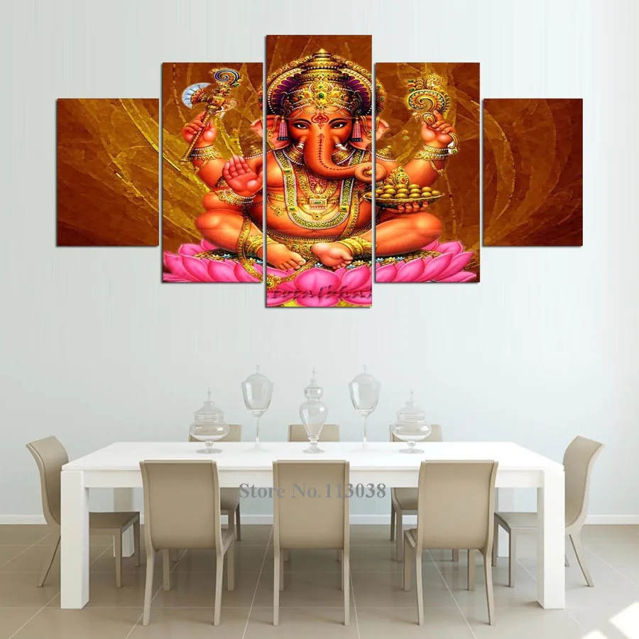 5 панелей лорд Ганеша печатная Картина на холсте голова слона для гостиной
