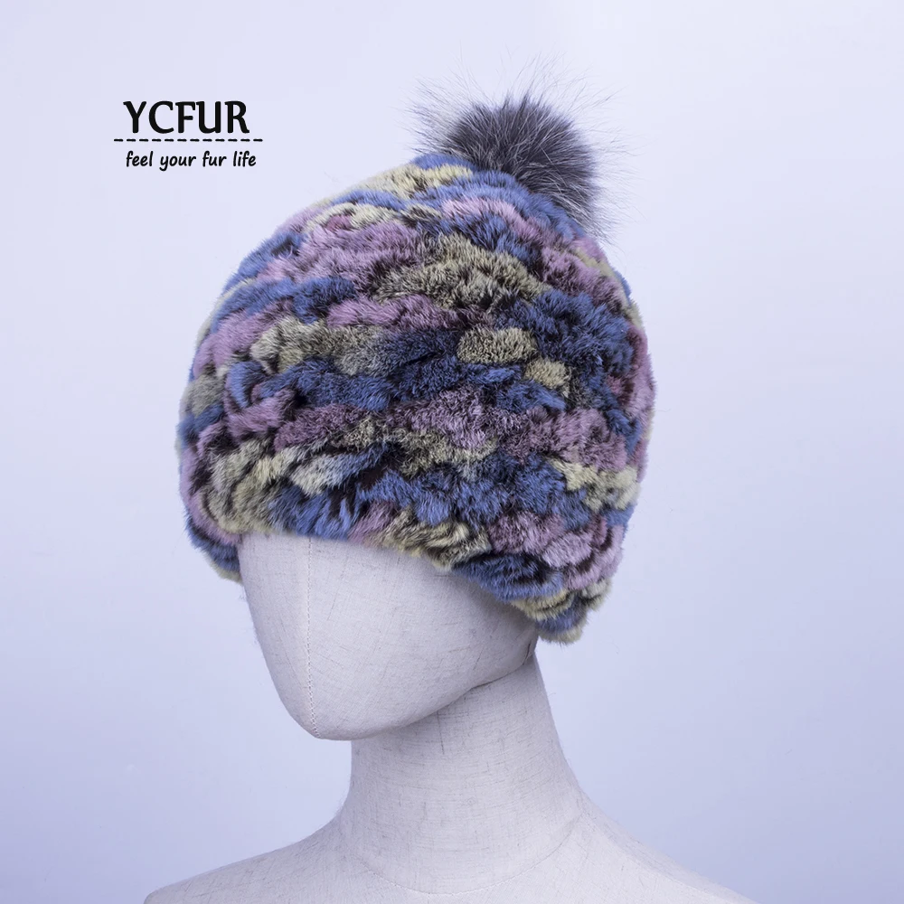 YCFUR женские шапки зимние теплые шапки Мягкие вязаные меховые шляпки кролика рекс с меховым помпоном из лисьего меха шапка женская
