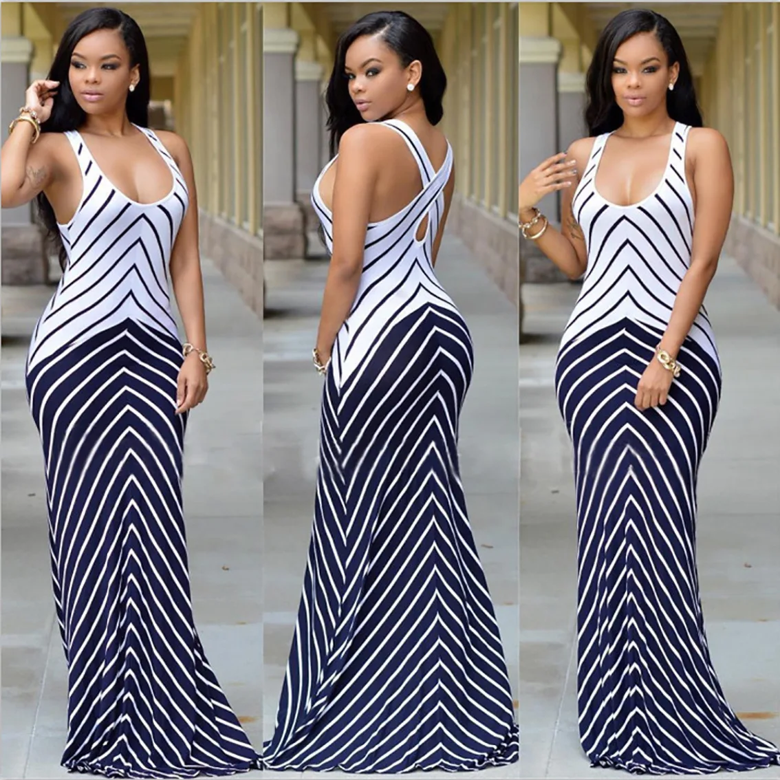 Europe Station 2019 New Sleeveless Striped Cross Vest Long Mopping Dress Female | Женская одежда