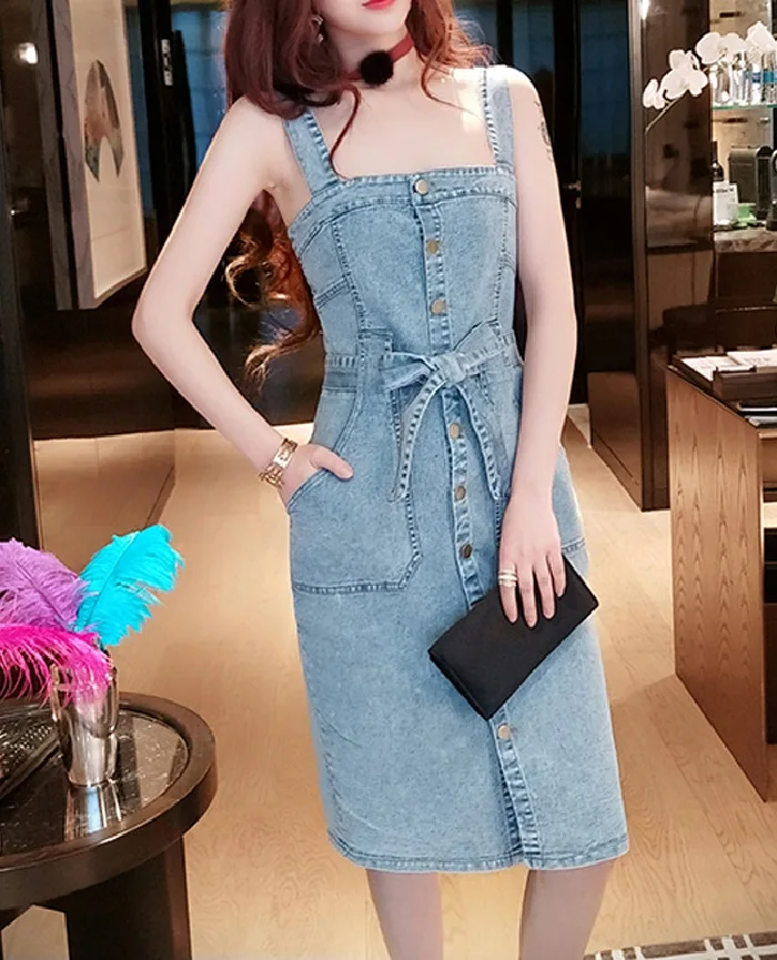 L&ampY Single Breasted Jeans Dress Women Vestidos Vintage Fashion Square Neck Pocket Bow Sexy Slit Slim Ladies Denim Summer | Женская