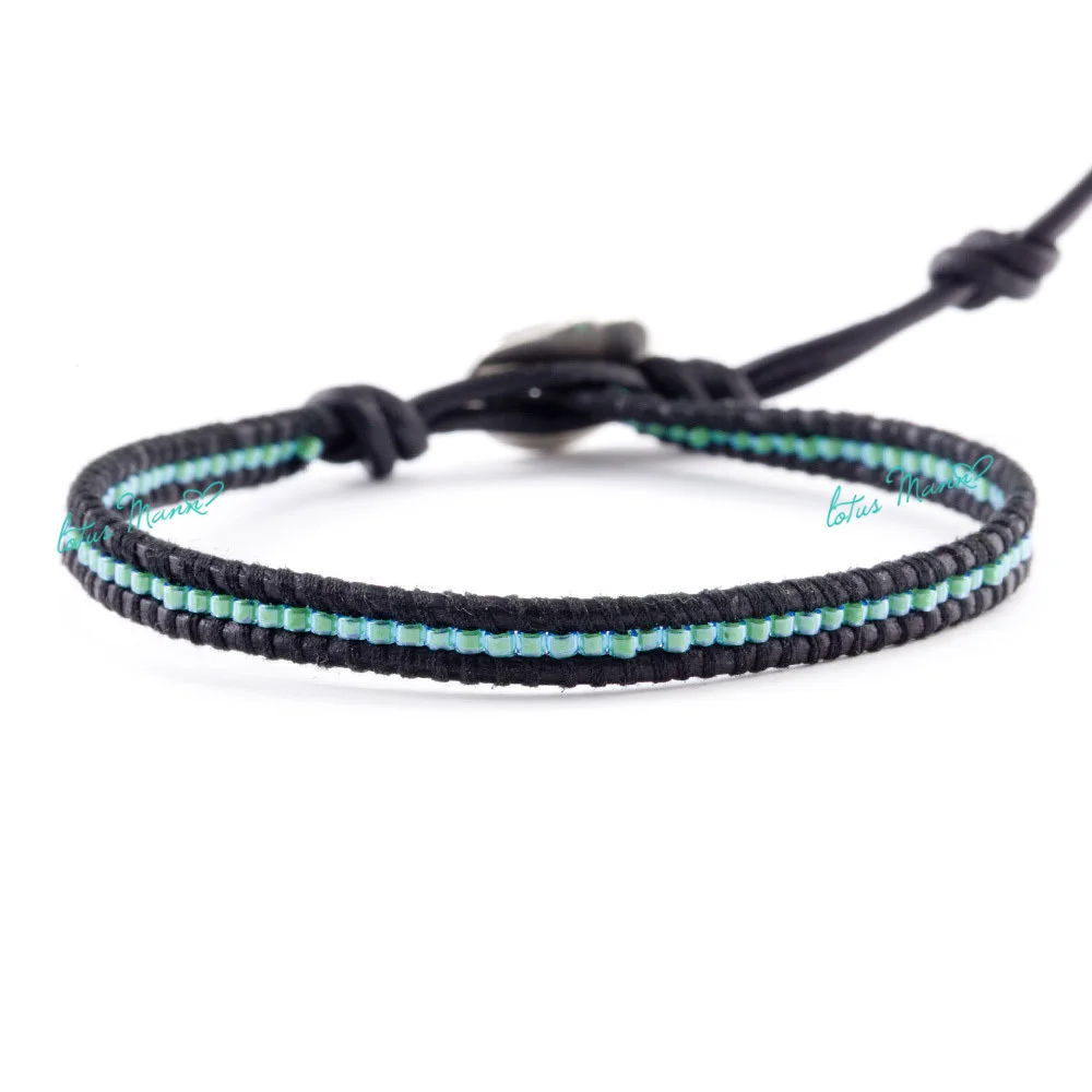 Женский и мужской кожаный браслет Lotus Mann оплетенный с зелеными бусинами|bracelets