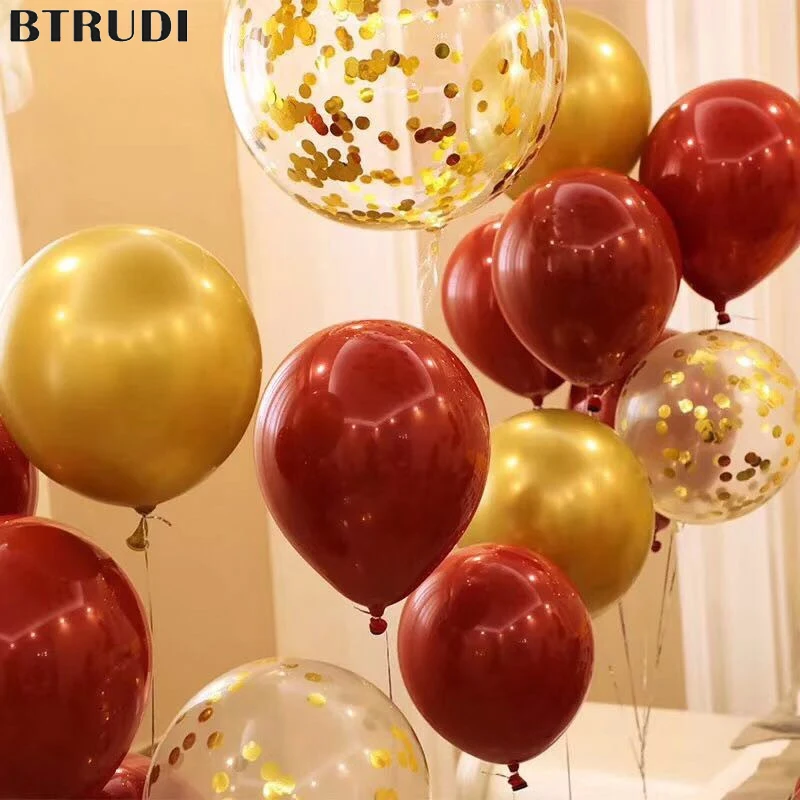 BTRUDI 10 шт. рубиново красный латексные воздушные шары 12 дюймов блестки золотистые
