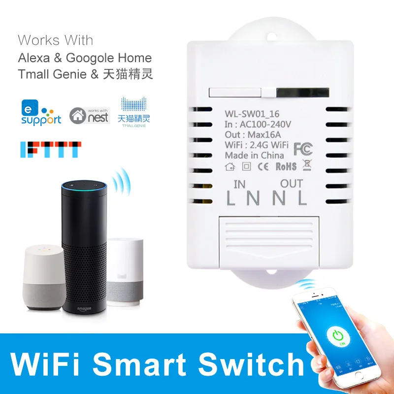 10A/16A Беспроводной Wi Fi Смарт переключатель модуль работает с Alexa Google Home таймер