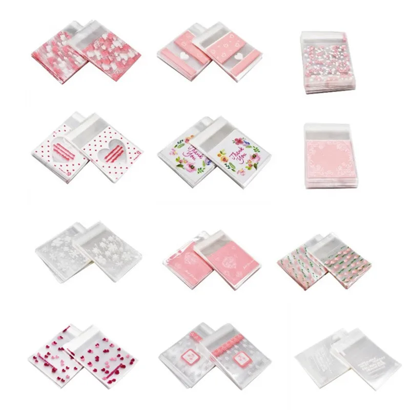 

100pcs Heart Flowers Cellophane OPP Bags Wedding Gift Bag Self Adhesive Plastic Bag Baking Package Event Party Supplies