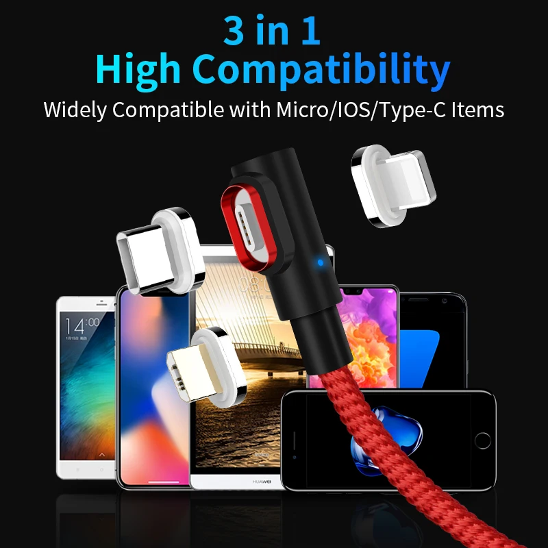 Магнитный Кабель 90 градусов 3A Micro USB Type C QC3.0 кабель для быстрой зарядки и передачи