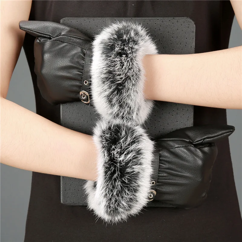 Перчатки женские из искусственной кожи зимние теплые 2016 с кроличьим мехом |