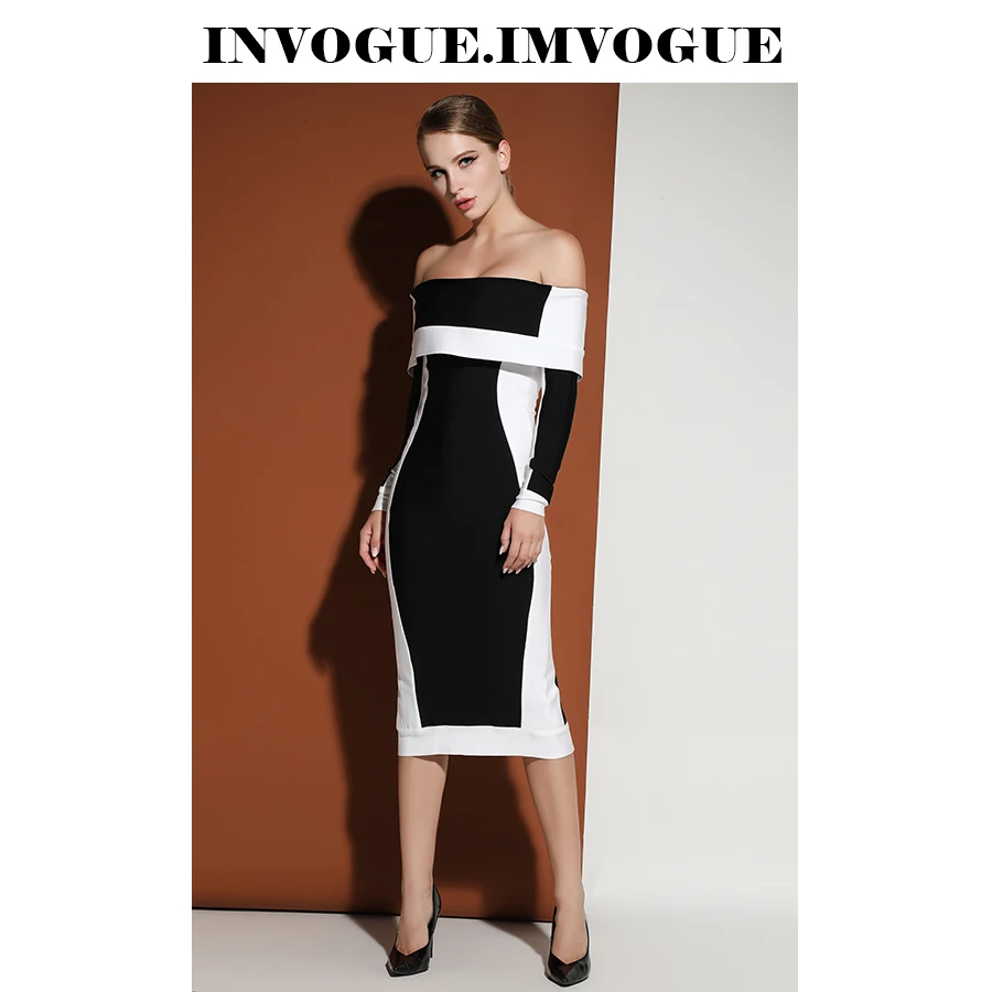 Женское платье с открытыми плечами INVOGUE Черное и белое Бандажное длинными