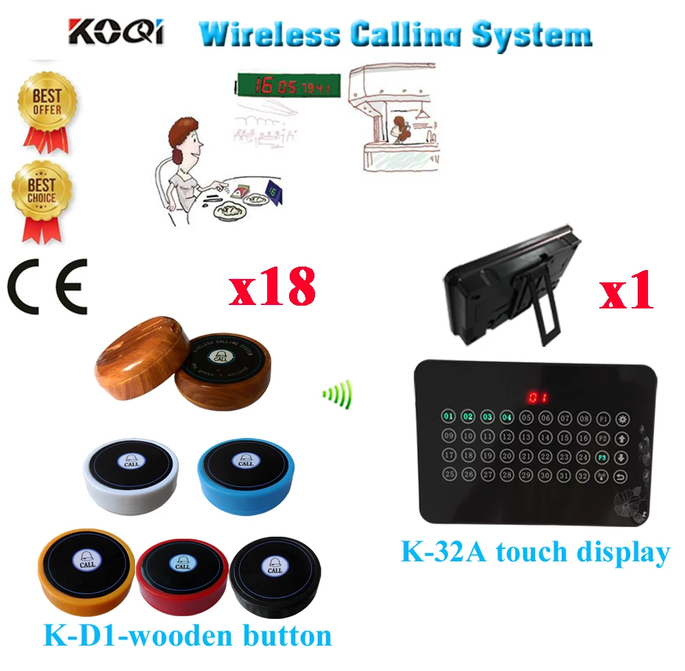 Wireless Pager Table Bell System 433.92MHZ Waiter Table Numbers Restaurant CE Passed(1 display+18 call button)