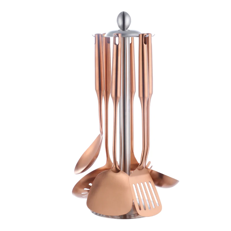Rose Gold 7 шт./лот кухонные инструменты для приготовления пищи ложка лопатка ковш шумовка стеллаж для хранения 18/10 нержавеющая сталь кухонные принадлежности - Цвет: Rose Gold