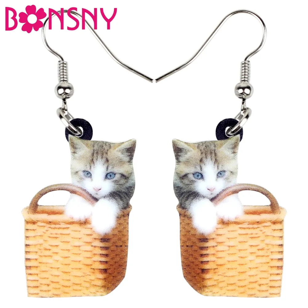 

Bonsny Acrylic Basket Of Sweet Kitten Cat Earrings Drop Dangle New Fashion Cute Animal Jewelry For Women Girl Pet Lovers Brincos