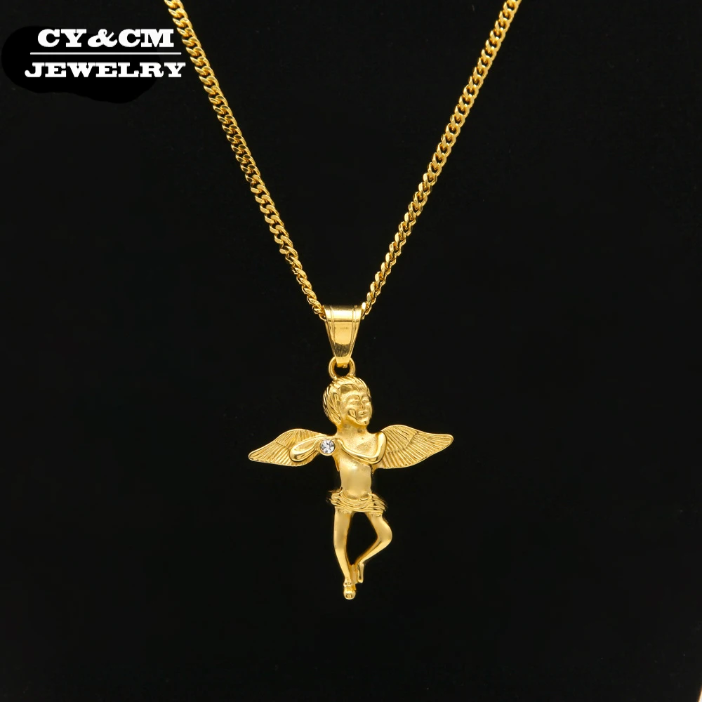 

CY & CM мужской кулон с золотыми крыльями ангела, нержавеющая сталь, 24 К золото, стразы, подвеска для ребенка, ожерелье, хип-хоп, Женские Ювелирн...