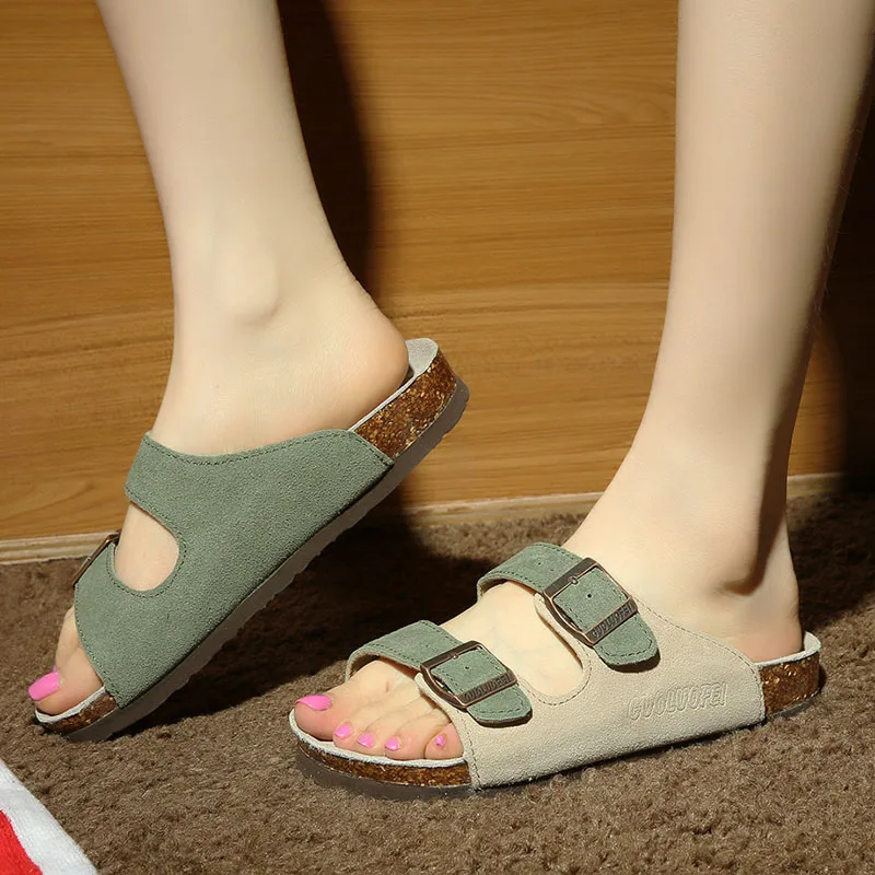 beige dark green Летние мужские замшевые туфли сабо из коровьей кожи Высококачественные мягкие пробковые шлепанцы с двумя пряжками для мужчин и женщин, унисекс, Размеры 35-46 - Цвет: beige dark green