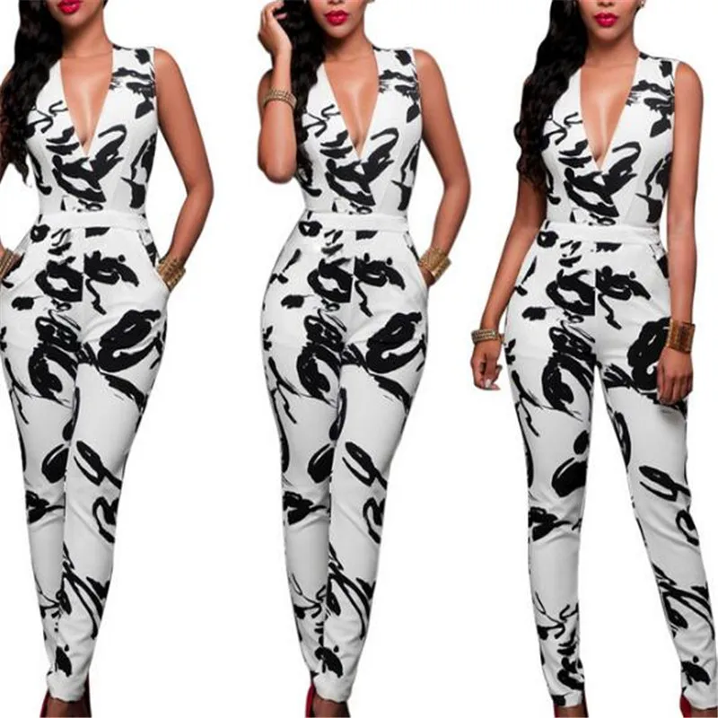 Женский клубный комбинезон с принтом облегающий длинный без рукавов для