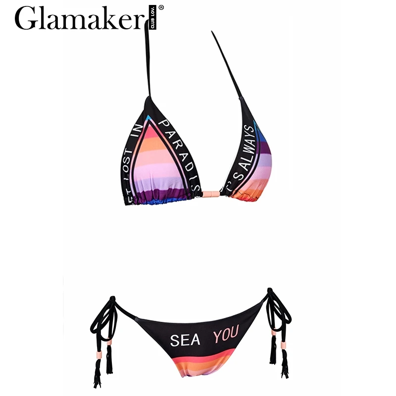 Glamaker, сексуальный боди с кисточками и буквенным принтом, Женский костюм с бретелькой через шею из двух частей, треугольный боди, женский купальник с пуш-ап