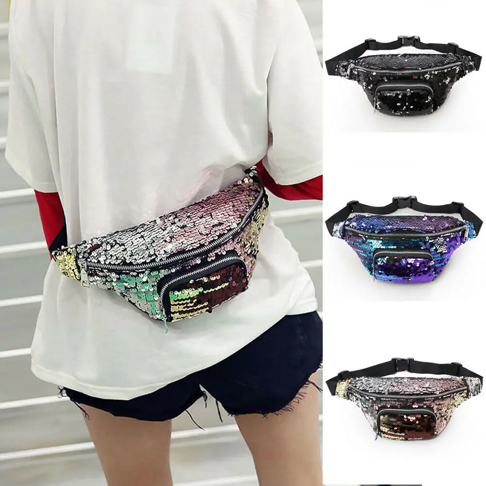 Новинка 2019 Женская Блестящая сумка на молнии с блестками и поясная праздничный