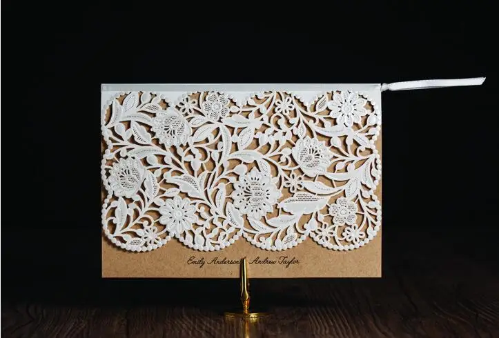 Лазерная Резка Белый Кружевной цветок Коричневый Цвет Карты Свадебные