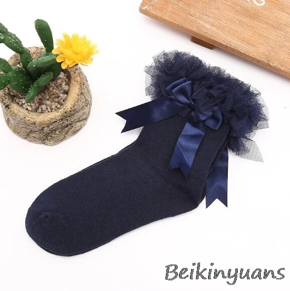 blue Короткие кружевные носки принцессы с цветочным принтом и бантиком для маленьких девочек хлопковые короткие носки с оборками - Цвет: blue