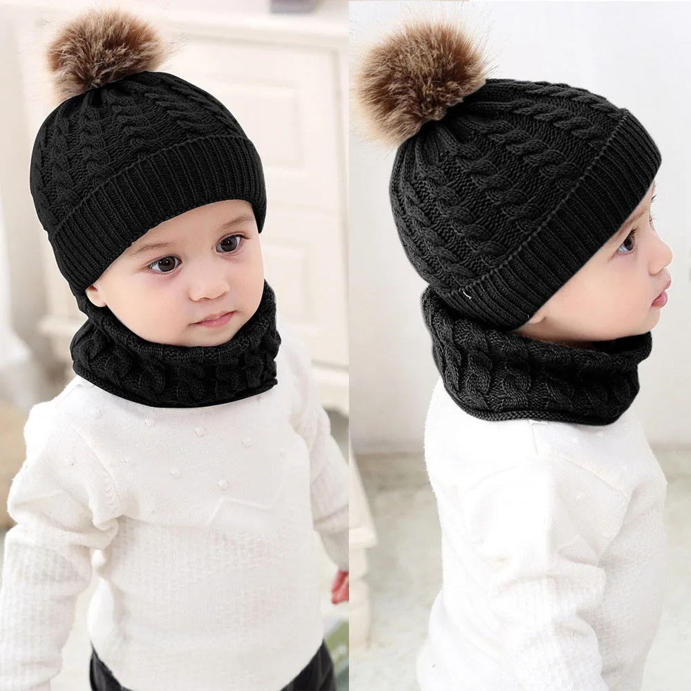 2Pcs infant girl baby winter warm knit hat cap + scarf suit 2019 new children two-piece | Детская одежда и обувь