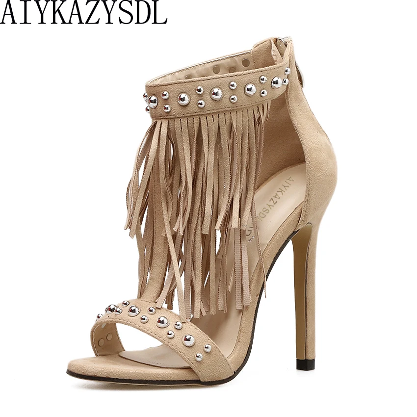 

AIYKAZYSDL 2018 Pumps Women Open Toe High Heels Rome Gladiator Tassel Rivet Punk Party Shoes Summer Thin Heel Stilettos Sapatos