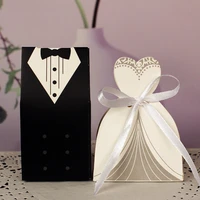 100pcs bridal gift cases bags groom tuxedo dress gown paper mariage boda decoration bomboniere ribbon wedding favor candy boxes
