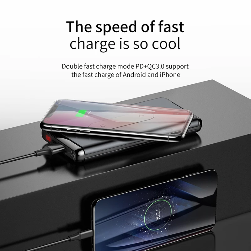 Baseus 10000mAh Power Bank QI Беспроводное зарядное устройство PD QC3.0 Быстрая зарядка