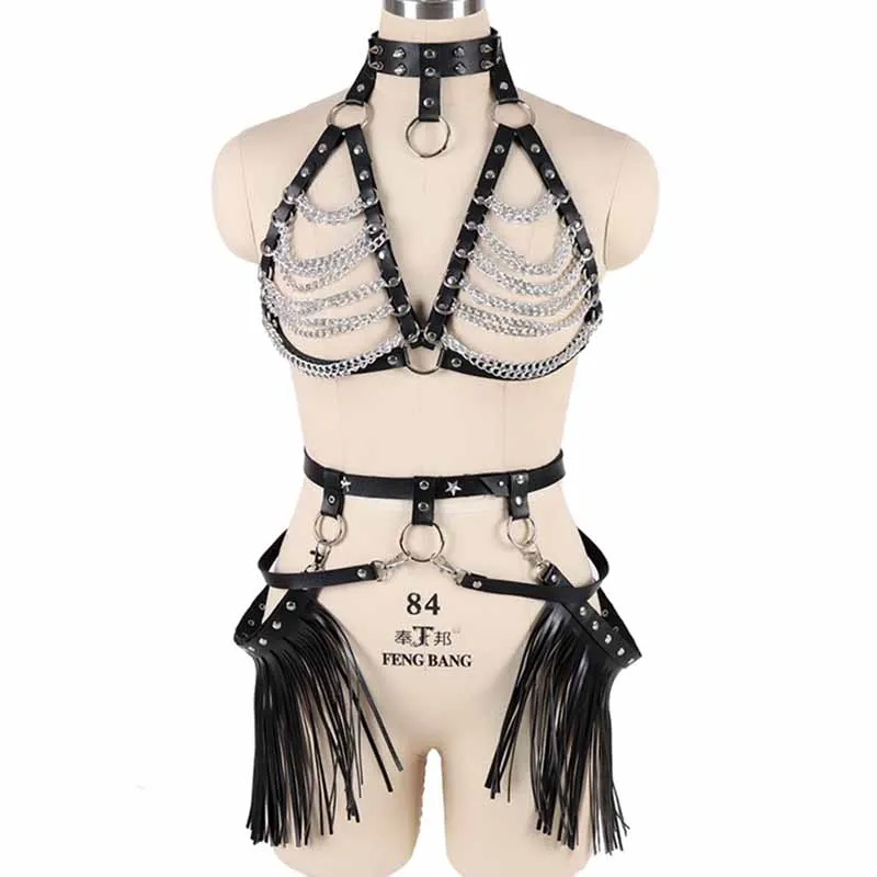 

Women Body Harness Leather Waist Belts Body Chest Caged Bralette Festival Dance Rave Costumes