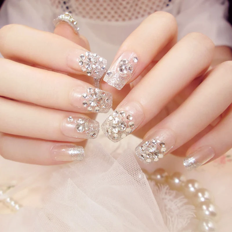 24pcs/Set Silver False Nails Fashion Girls Press on Nail with Glue Shinny Crystal Rhinestones Full Artificial Finger Fake | Красота и