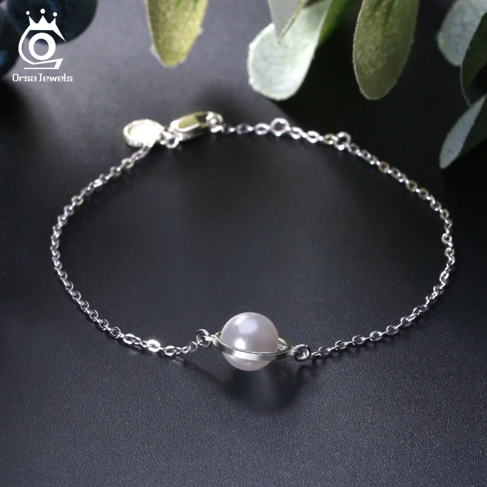 ORSA JEWELS, модные 925 пробы серебряные женские браслеты, имитация жемчуга, застежка-молния, браслет-цепочка, Женские Ювелирные изделия, SB21-Z