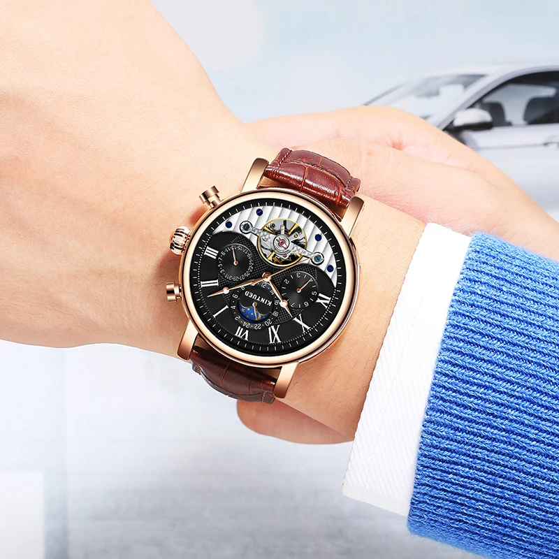 KINYUED Moon Phase Skeleton мужские классические вечный календарь Турбийон Механические