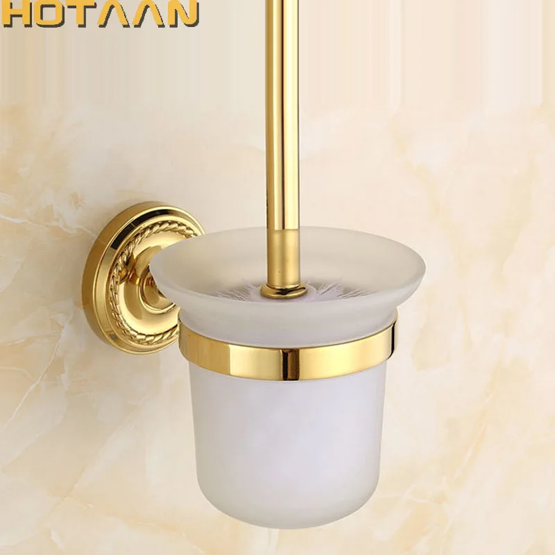 

HOTAAN Free shipping Solid Brass Wall Mount Mounted Toilet Brush set With Tempered Glass Cup Holder, Gold Color YT-12212G