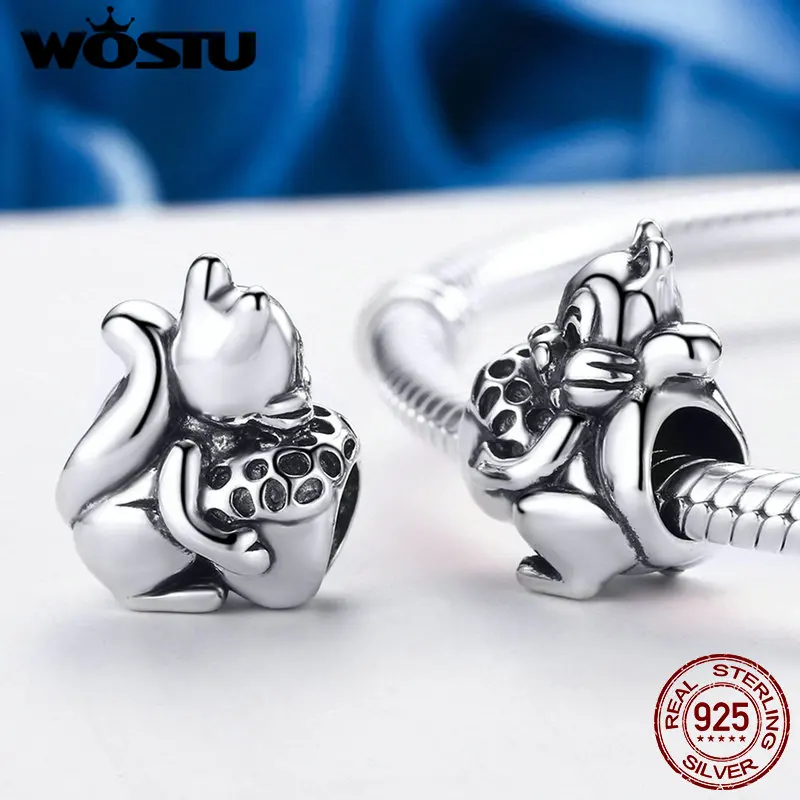 WOSTU 925 стерлингового серебра Симпатичные белки животных Бусины Подходят