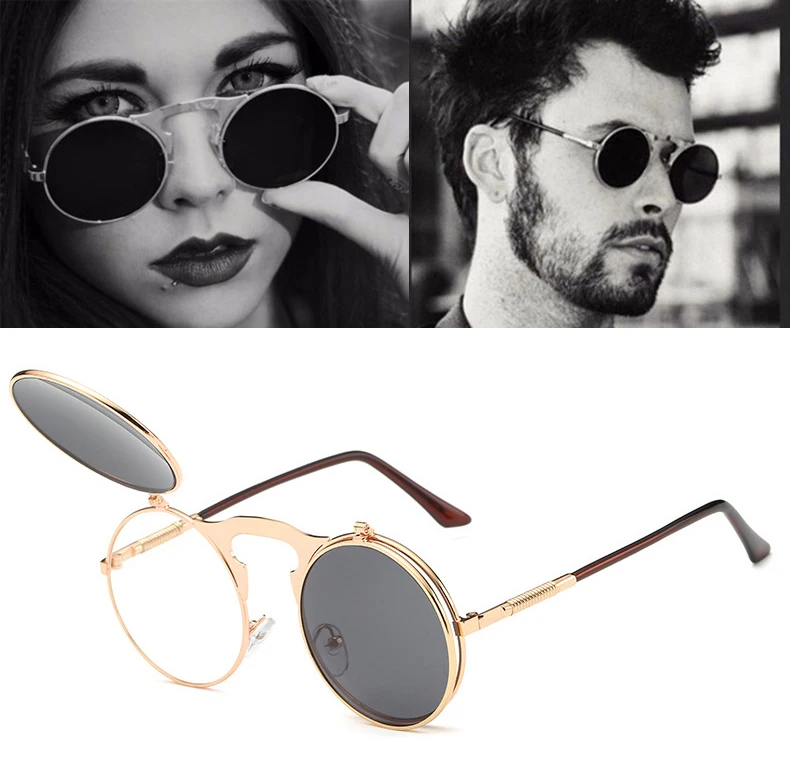 

COOYOUNG New Fashion VINTAGE Round STEAMPUNK Flip Up Sunglasses Steam Punk Clamshell Design Retro Sun Glasses Oculos De Sol