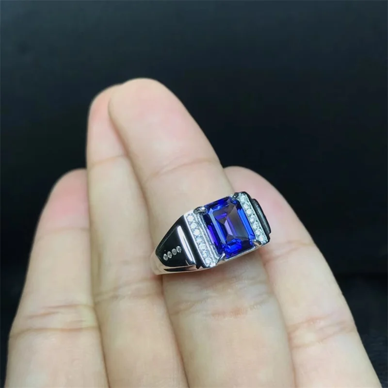

SHIQING Nature blue topaz square cut rectangle 925 sterling silver white gold plated noble rings for man