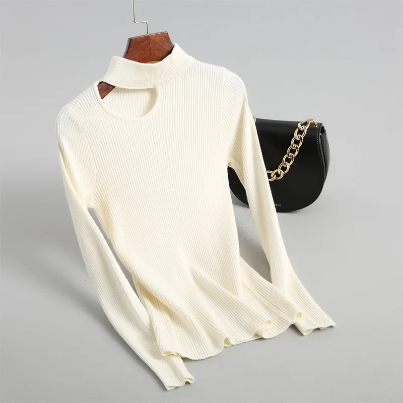 2019 spring casual solid color sweater female high collar Slim long-sleeved exposed collarbone | Женская одежда