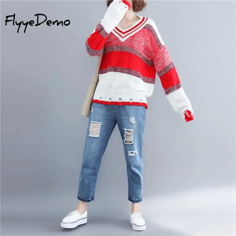 Women Fashion Hole Sweater Basic Striped V Neck Loose Long Sleeve Candy Colors Pullovers Female Sweet Tops Free Size | Женская одежда