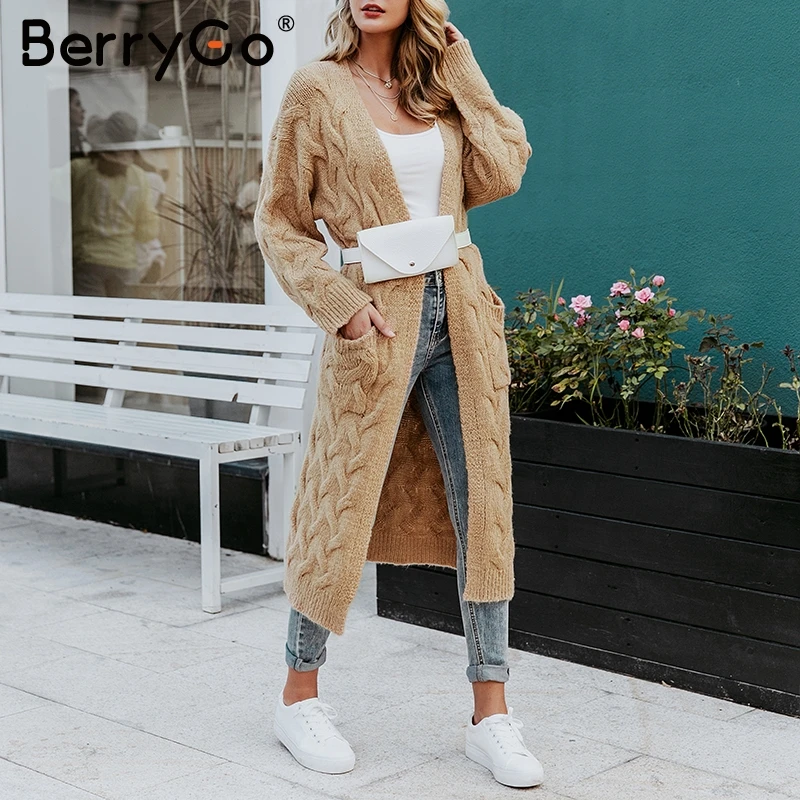 BerryGo зимний мохер длинный кардиган вязаный свитер женский рукав джемпер