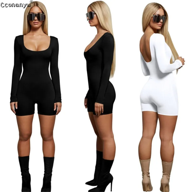 

2019 Spring Playsuit for Woman Sexy Long Sleeve Short Playsuit Bodysuit Women Jumpsuit Black White Women Jumpsuit