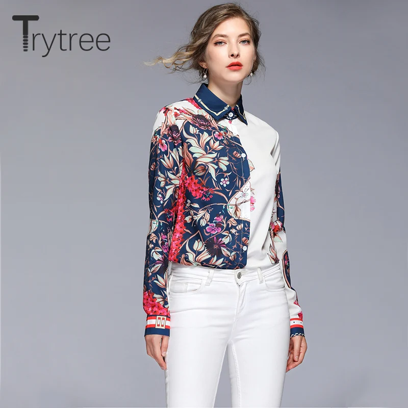 Ttytree осень Асимметричный цветочный принт блузки Повседневная рубашка Женская