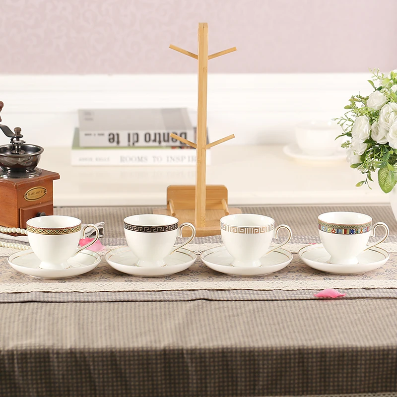 Набор из 4 костяных фарфоровых кофейных чашек с бамбуковая чашка держатель