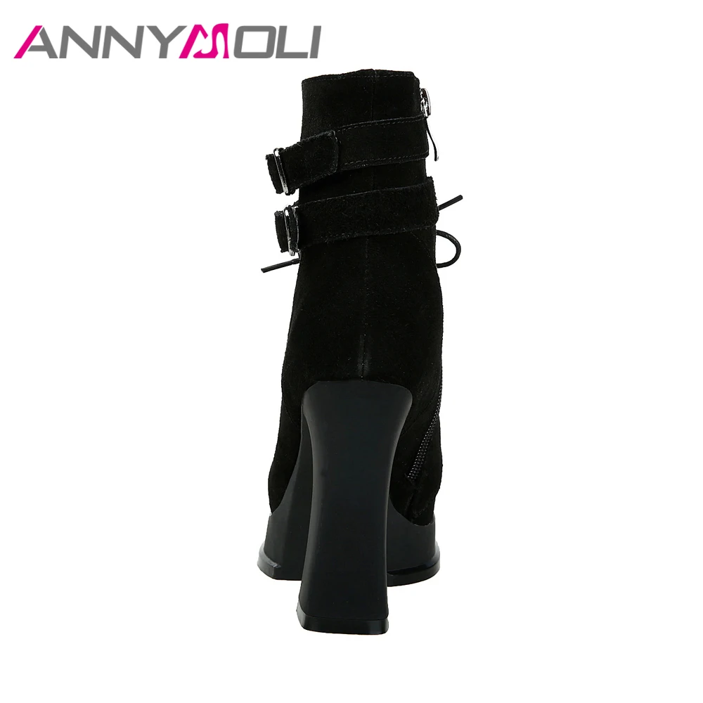 ANNYMOLI/зимние женские ботинки с заклепками на платформе и высоком каблуке