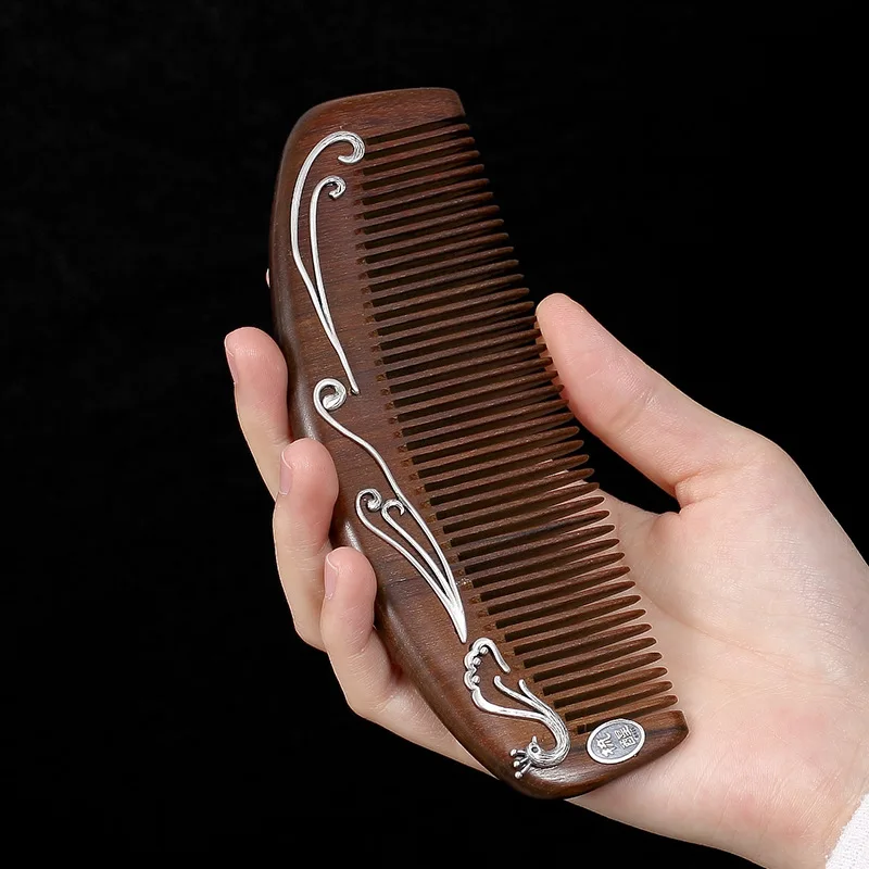 LouLeur 925 sterling silver sandalwood wood Hair Combs peacock mosa for women gift | Украшения и аксессуары