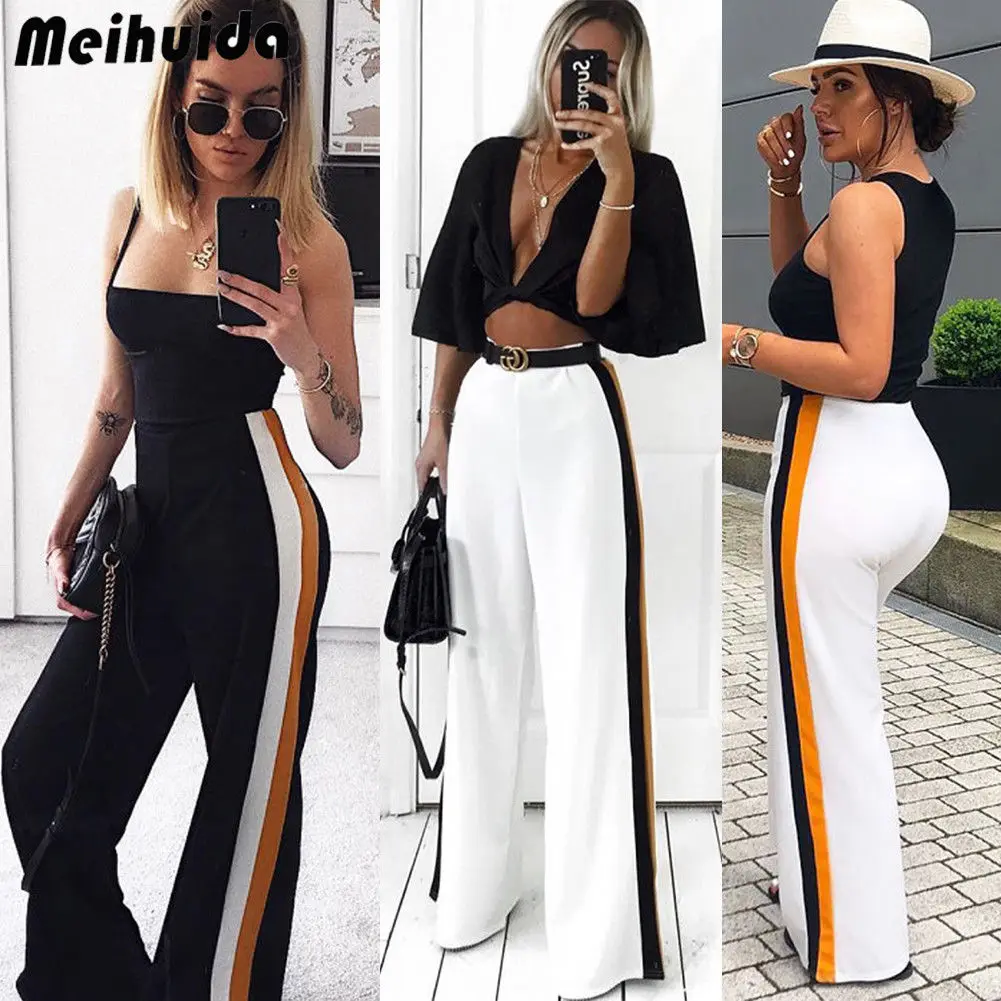 Женские широкие брюки в полоску повседневные с высокой талией размеры 6-14 лето 2018